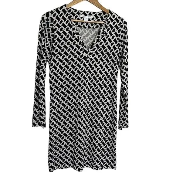 Diane Von Furstenberg Reina Silk Chain Link Shift Dress Black White Size 10 - Picture 8 of 12